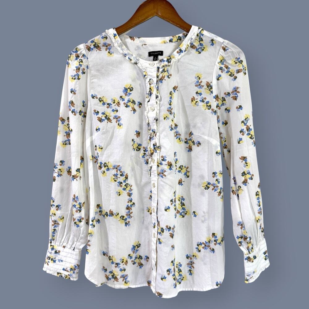 Talbots Ruffle Trim Floral Button Front Shirt Top Small White Cottage Preppy